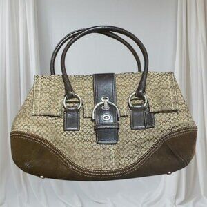 Coach F10929 Signature Jacquard Brown Suede Bottom Leather SoHo Buckle Bag Purse
